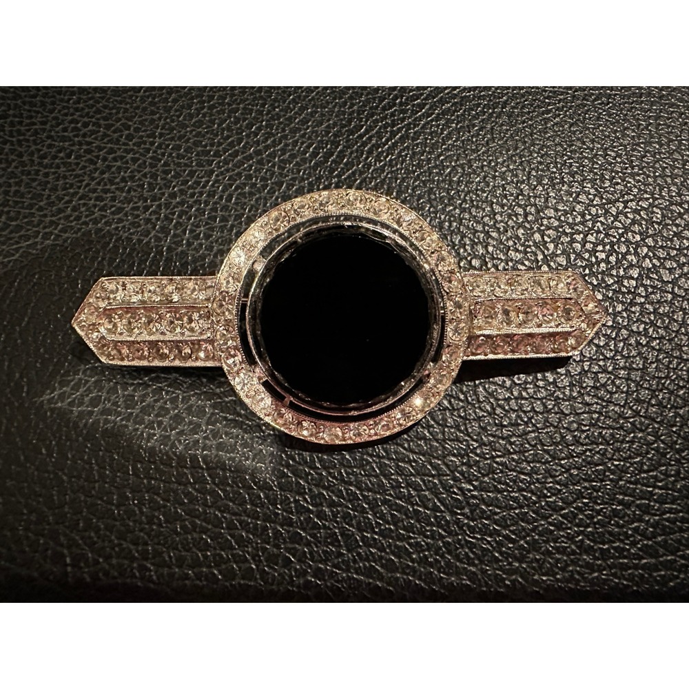 Vintage Art Deco Style Silver Tone Black Onyx Rhinestone Bar Brooch Pin